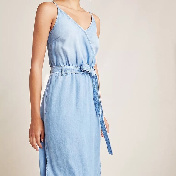 Anthropologie Cloth & Stone surplice Light Blue Sleeveless Belted Dress - Picture 5 of 5